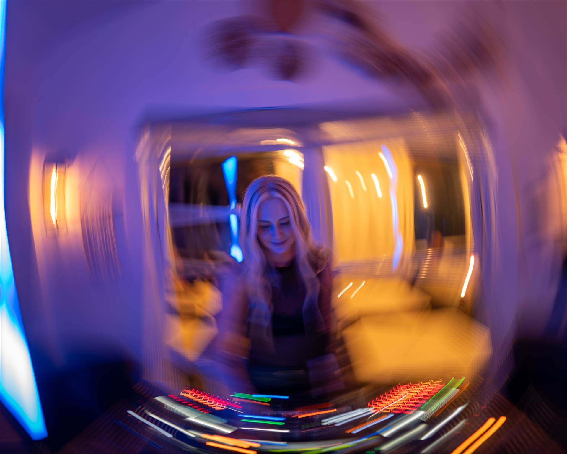 DJ in white tank top tattoos Anne of Green Gables backdrop double-exposure Charlottetown PEI - Eastside Photography